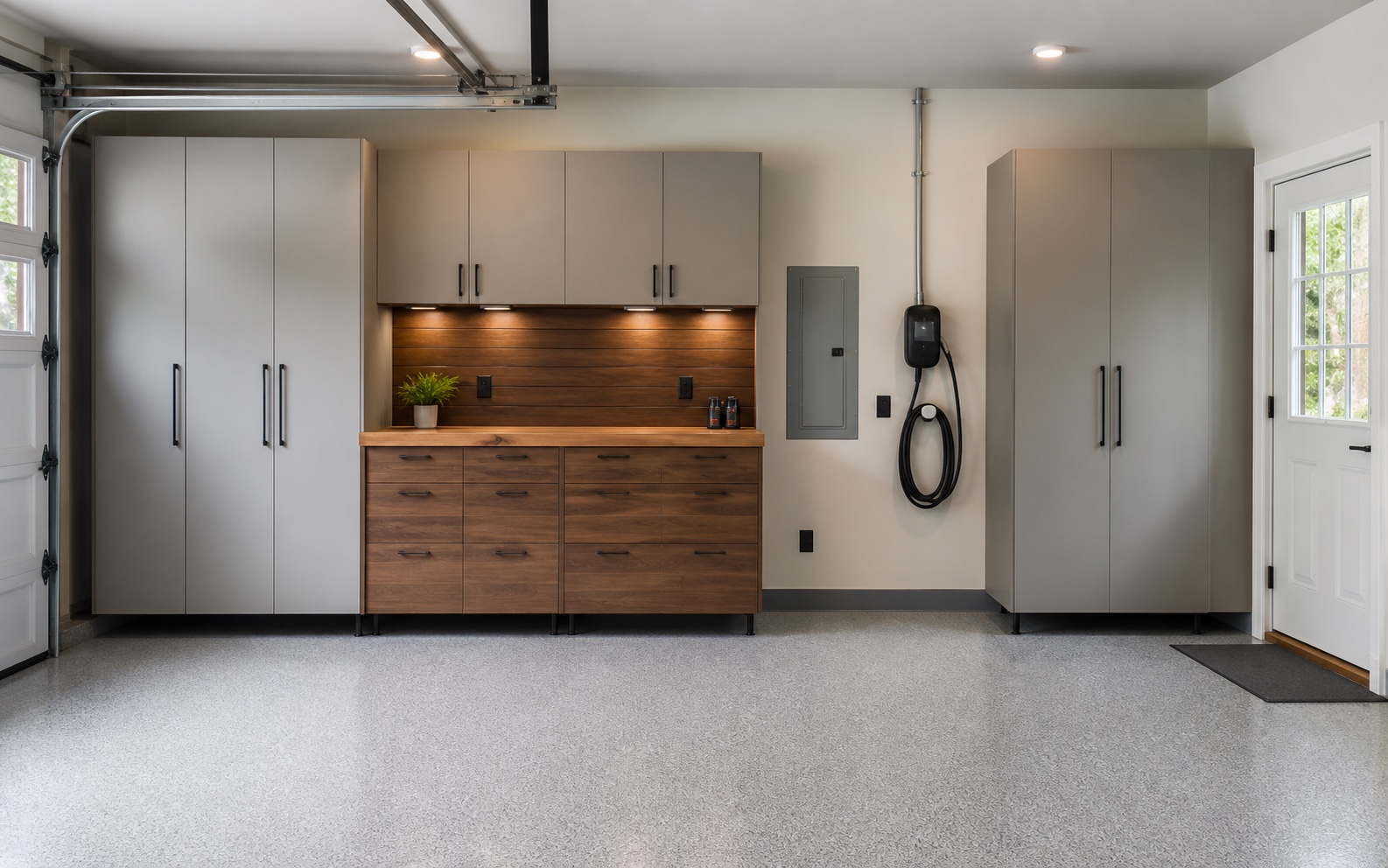 Garage cabinetry planned around vehicle doors, electrical equipment, charging, and walking clearances