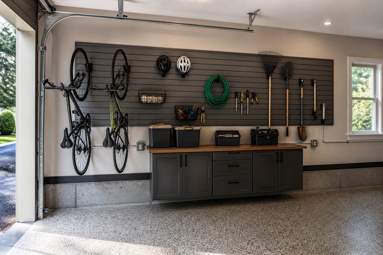 Realistic active garage storage wall with bounded graphite slatwall, anchored bicycles, garden tools, lower cabinets, walnut worktop, outlets, and floor curb