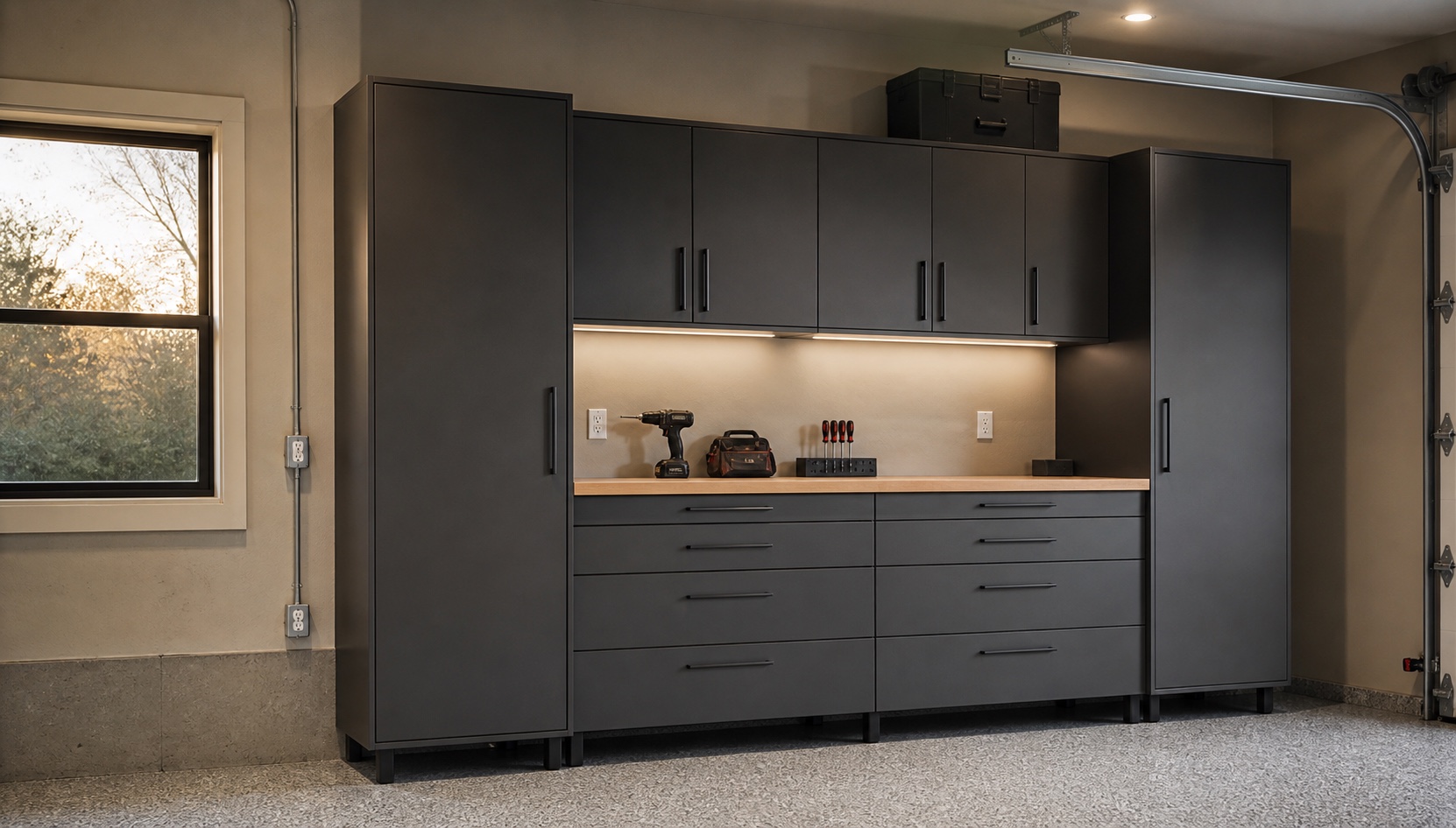 Realistic installed residential garage cabinet wall on textured drywall with window, conduit, outlets, overhead-door track, task lighting, and floor cove