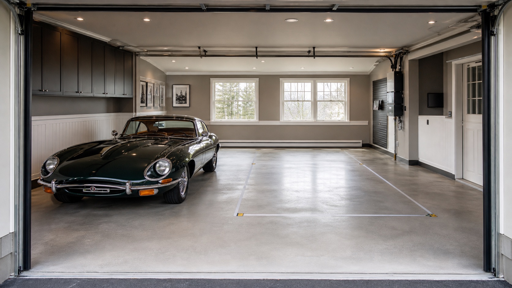 Collector garage before lift installation with a taped lift footprint and a classic vehicle in the adjacent bay