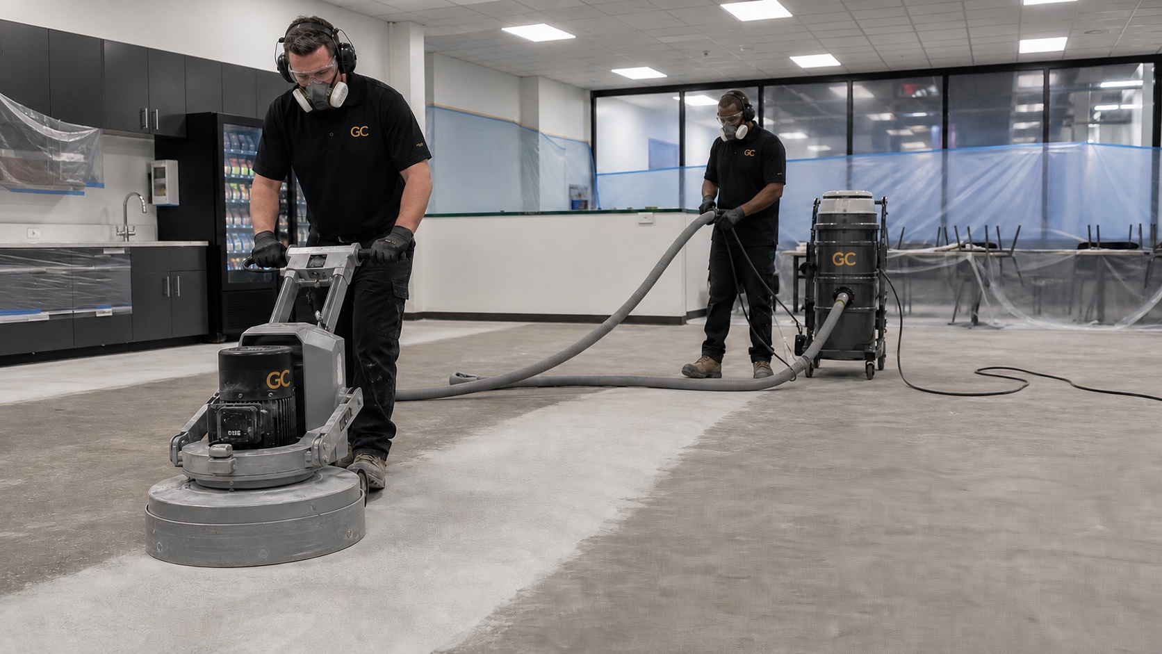 Black and White Garage Craftors flooring technicians operating a Lavina planetary grinder with connected HEPA dust extraction in a protected warehouse breakroom