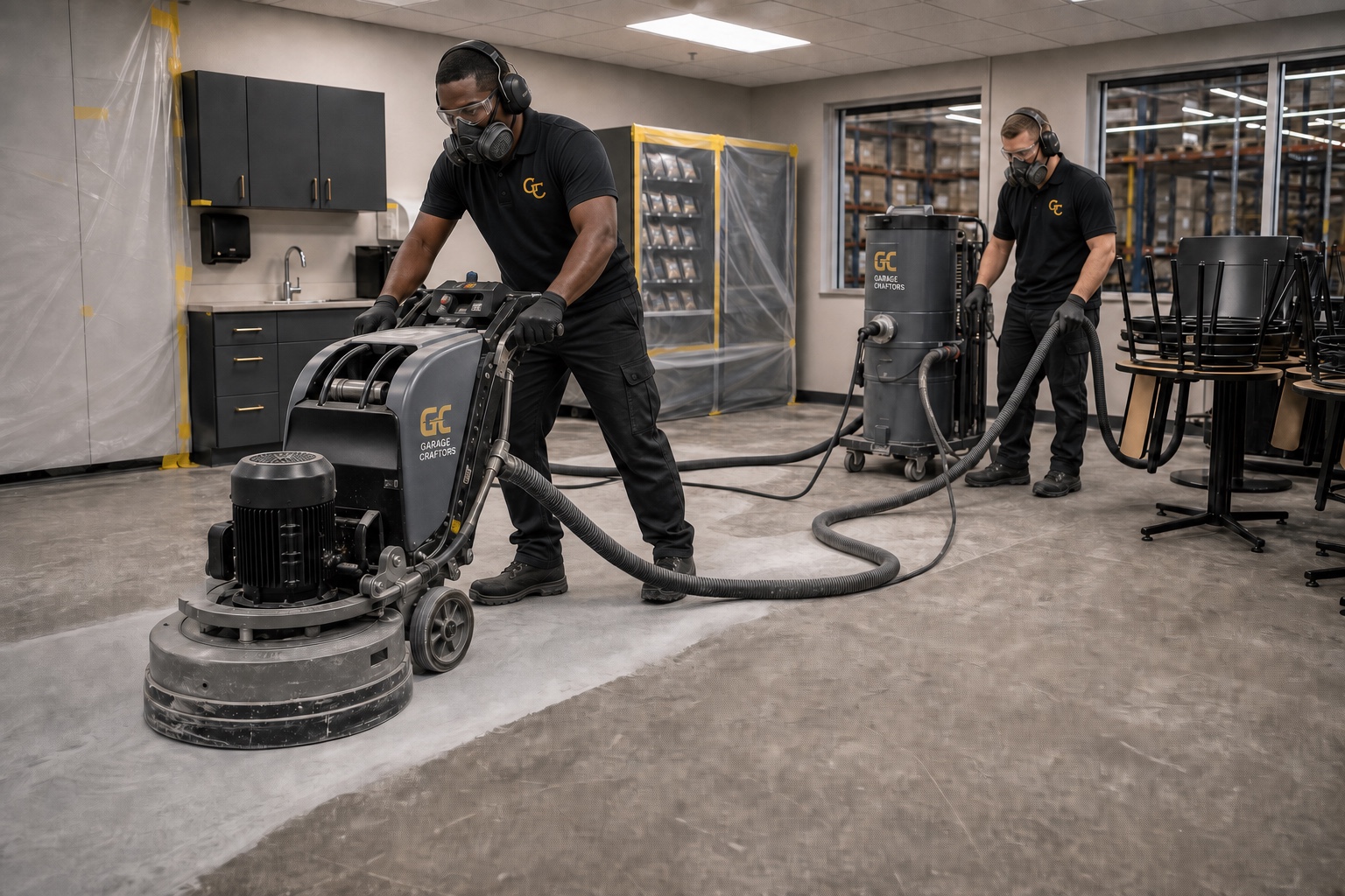 Black and White Garage Craftors technicians guiding a planetary concrete grinder and managing its HEPA extractor hose in a warehouse employee breakroom
