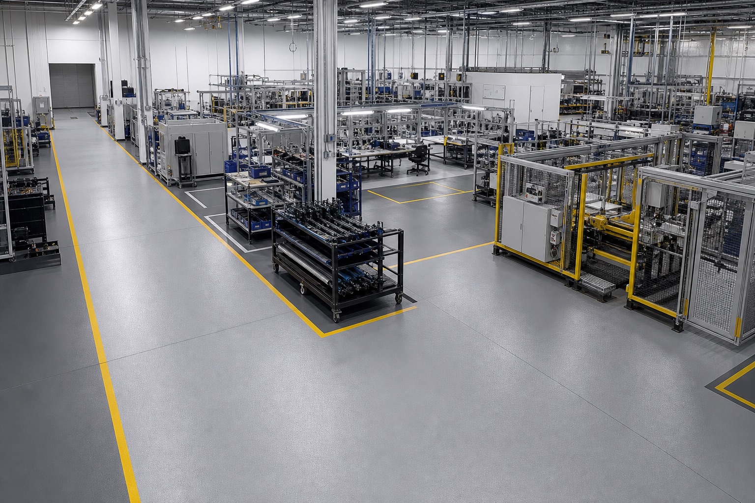 Light-manufacturing facility with seamless gray resin flooring organized into work cells and amber circulation routes