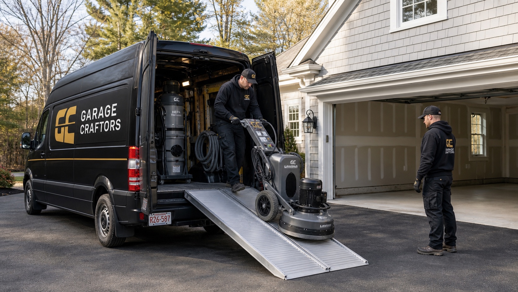Garage Craftors technicians safely unloading a Lavina planetary concrete grinder from a branded service van at a Massachusetts home