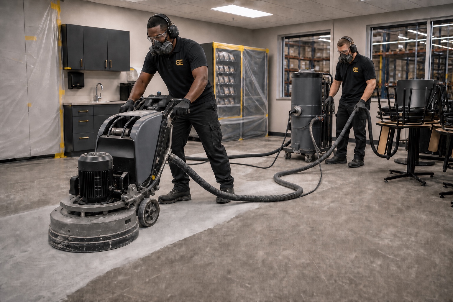 Two Garage Craftors technicians in matching black-and-gold uniforms mechanically grinding a commercial concrete floor with unbranded planetary equipment and HEPA dust extraction