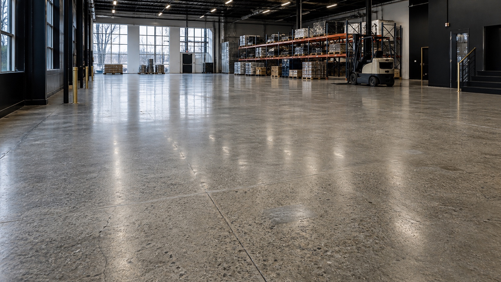 Satin polished concrete floor with medium aggregate exposure in a clean Massachusetts warehouse