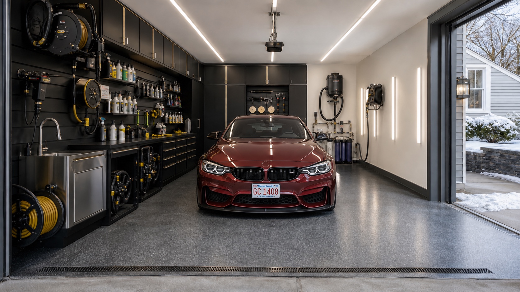 Photorealistic detailing garage with cabinets, sink, retractable hoses, vacuum, filtration, inspection lights, and a burgundy performance coupe with a Massachusetts plate