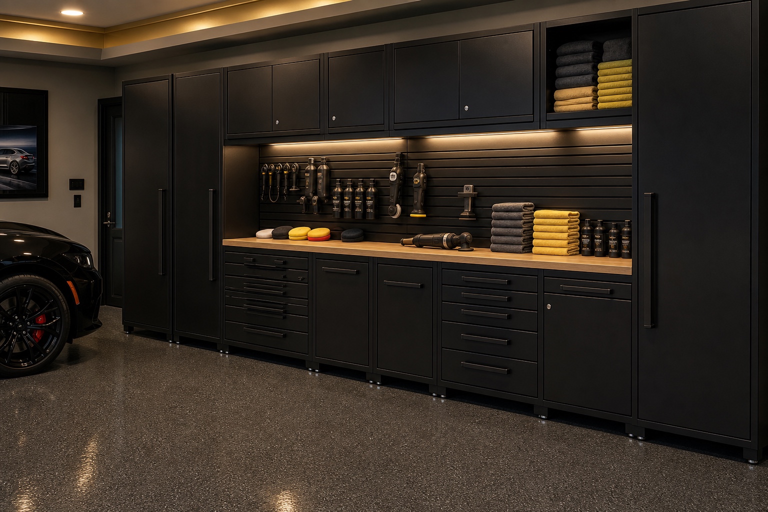 Black detailing cabinets with organized towels, polishers, pads, chemicals, and a clear worktop