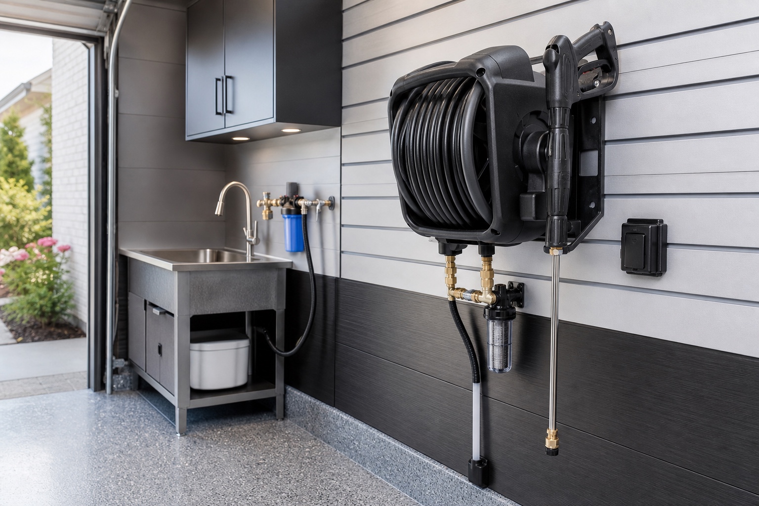 Wall-mounted wash system with retractable hose beside a utility sink in a finished garage