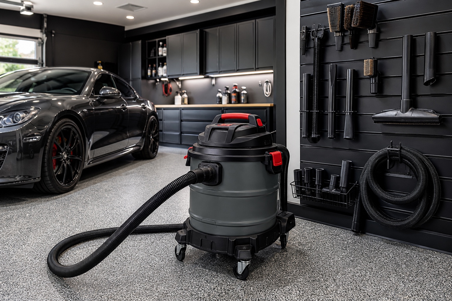 Mobile wet and dry vacuum with organized vehicle-cleaning attachments in a detailing garage