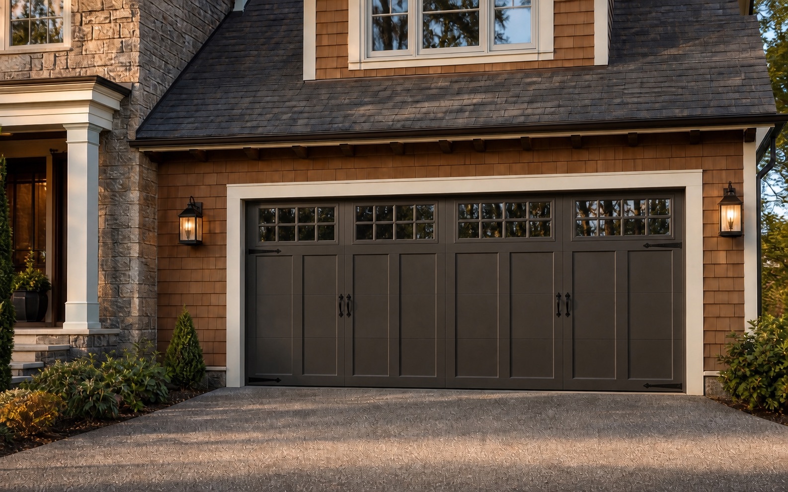 Massachusetts home with a professionally refinished architectural-bronze sectional garage door