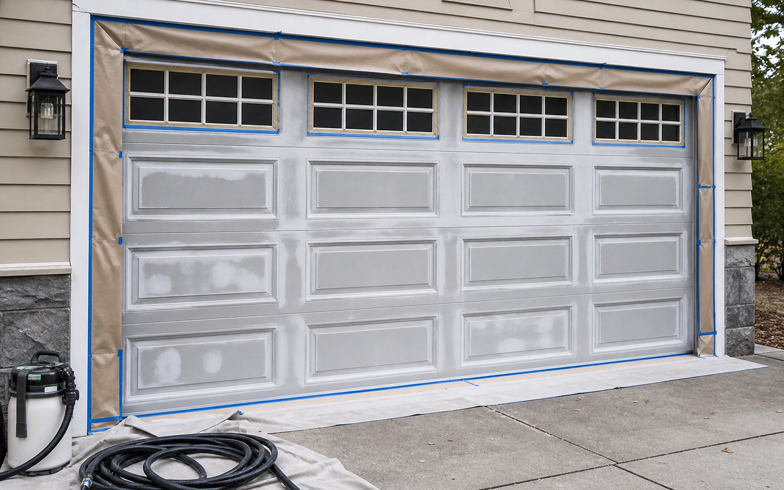 Residential garage door carefully protected and prepared before refinishing