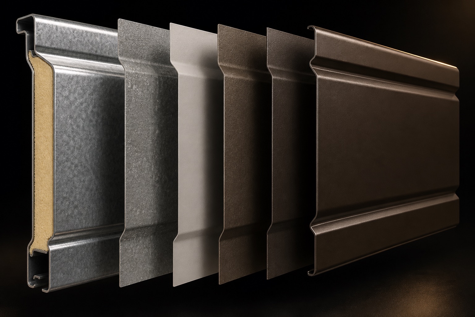 Exploded garage door panel showing the existing door, prepared surface, primer, finish coats, and cured system