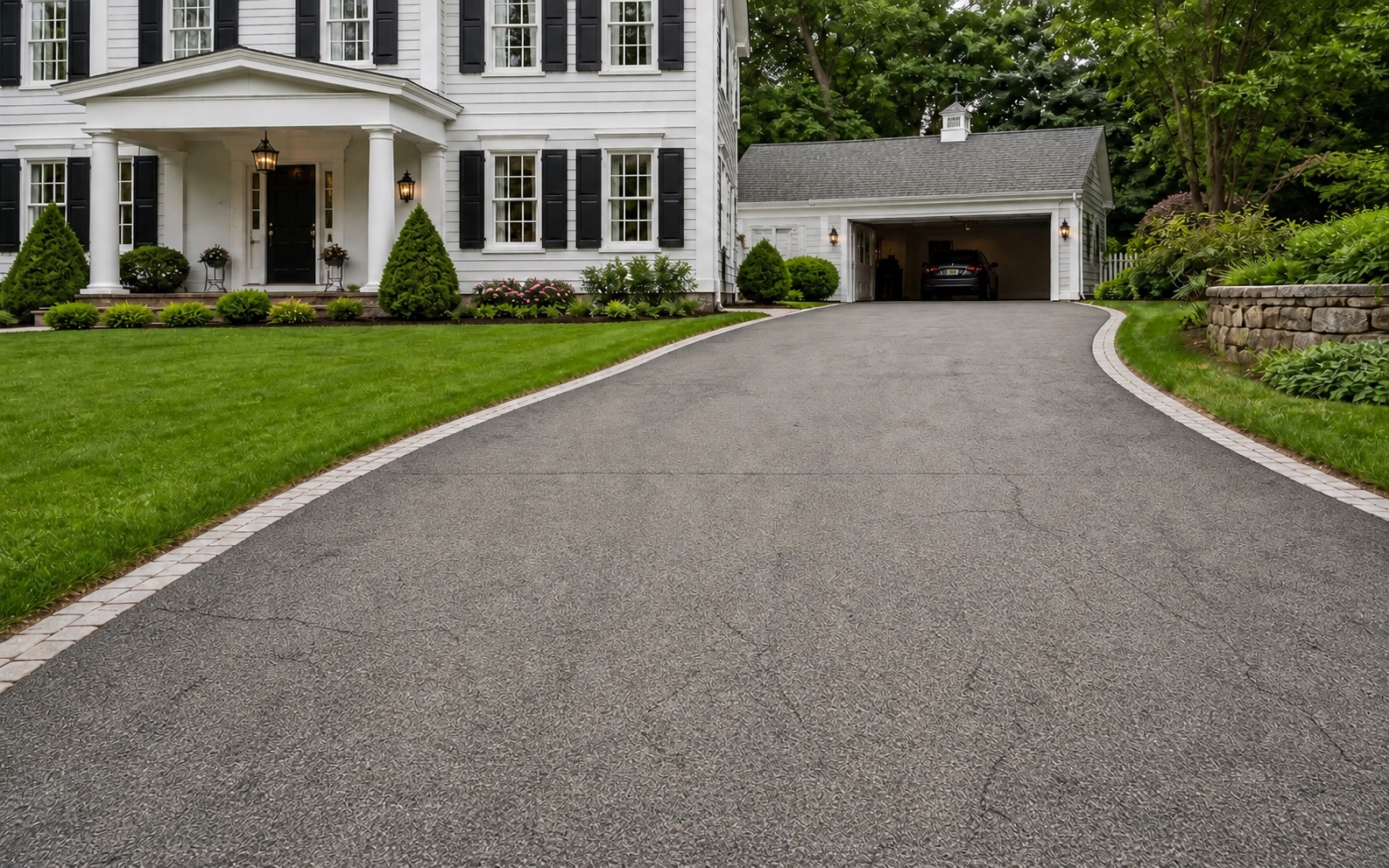 Faded but generally sound asphalt driveway before professional sealcoating