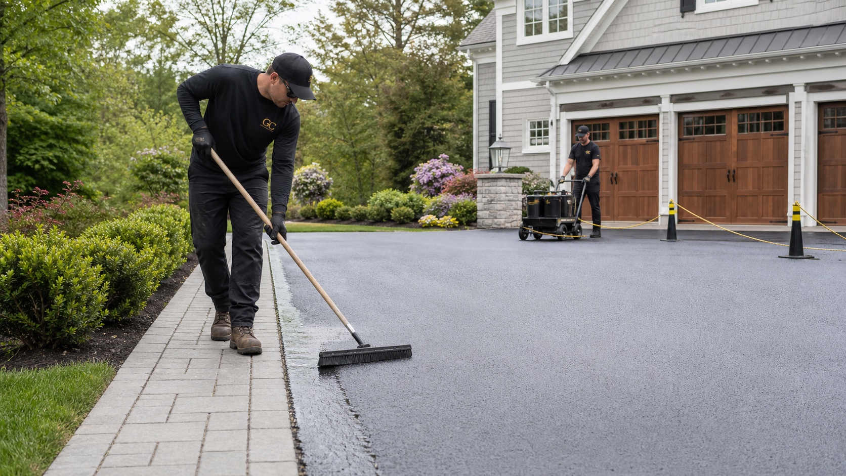 Professional sealcoating crew creating a clean asphalt edge beside a protected paver border