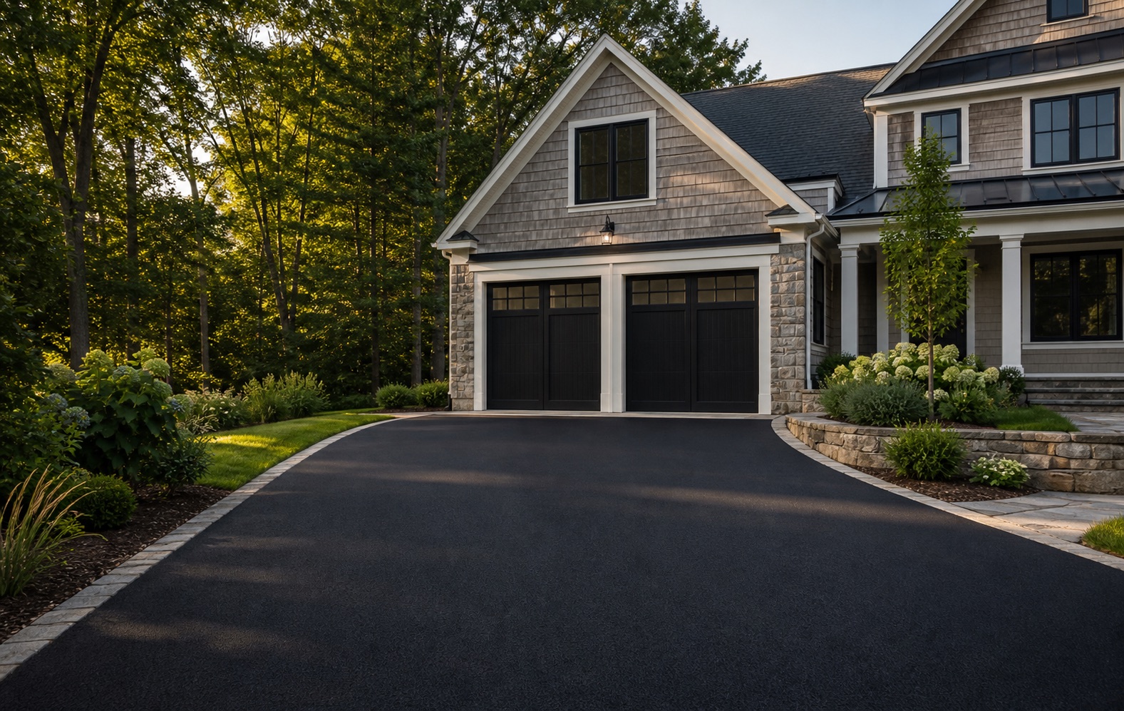 Freshly maintained black asphalt driveway leading to a Greater Boston home and residential garage