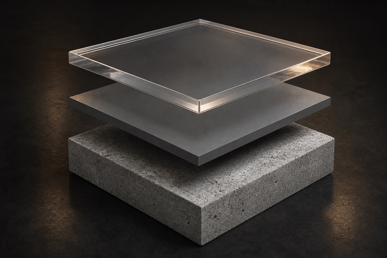 Photorealistic exploded 3D view of the Standard Epoxy System over concrete