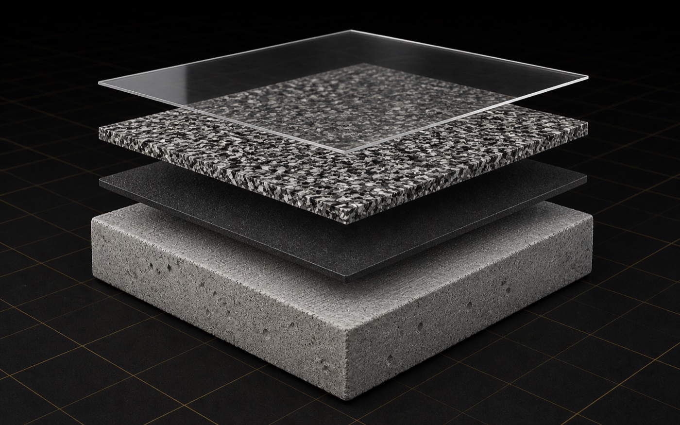 Exploded 3D planning view of a Garage Craftors decorative broadcast floor system