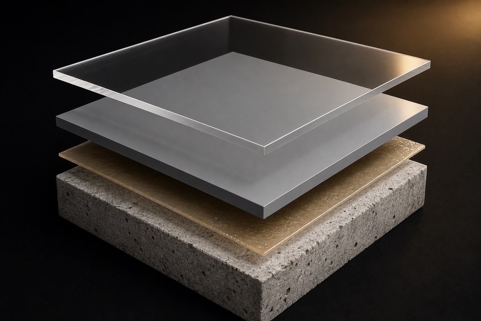 Exploded three-dimensional garage floor coating system with a moisture-mitigation layer above prepared concrete