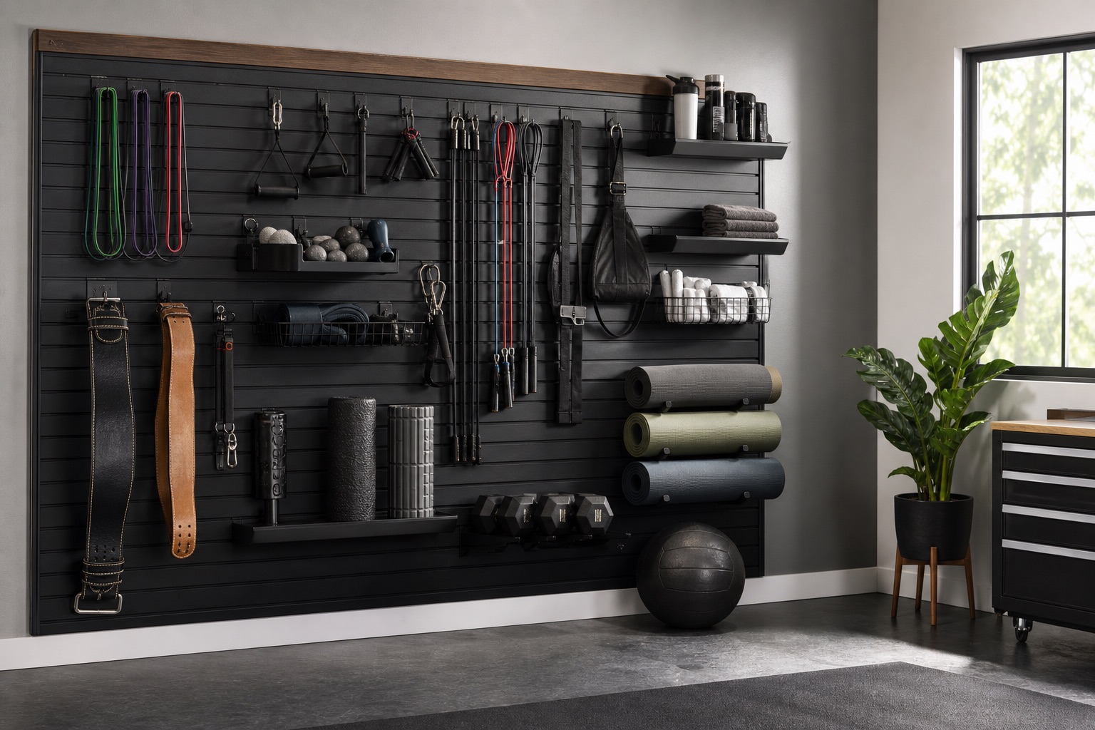 Organized fitness wall with bands, mats, ropes, belts, towels, and recovery equipment