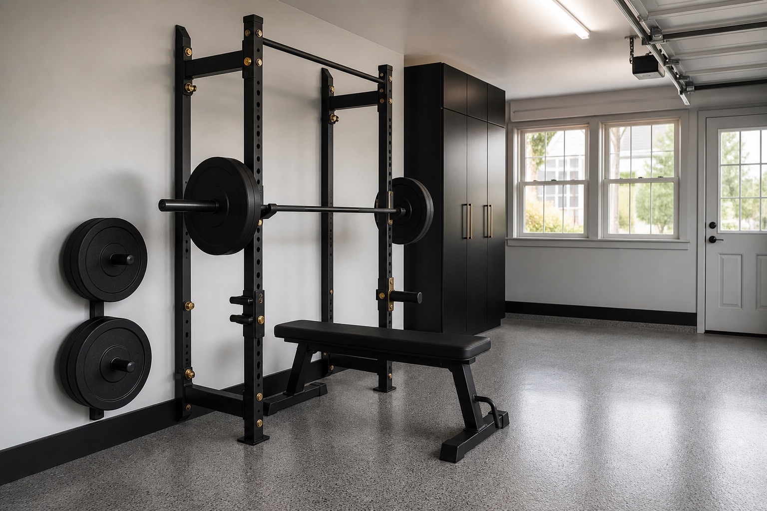 Space-saving black folding strength rack, bench, and organized plates in a finished residential garage gym
