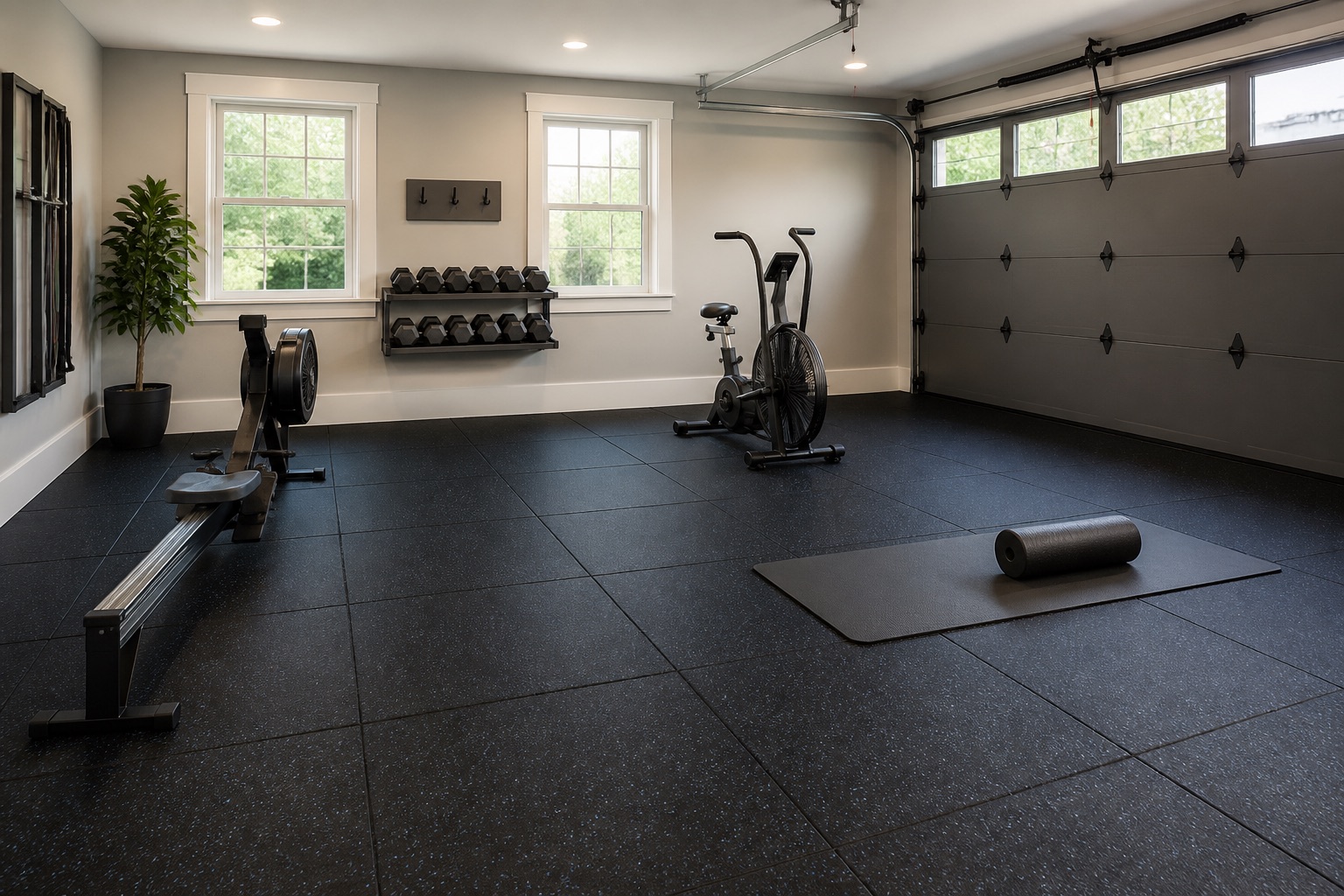 Garage cardio and mobility studio on a defined performance-rubber floor