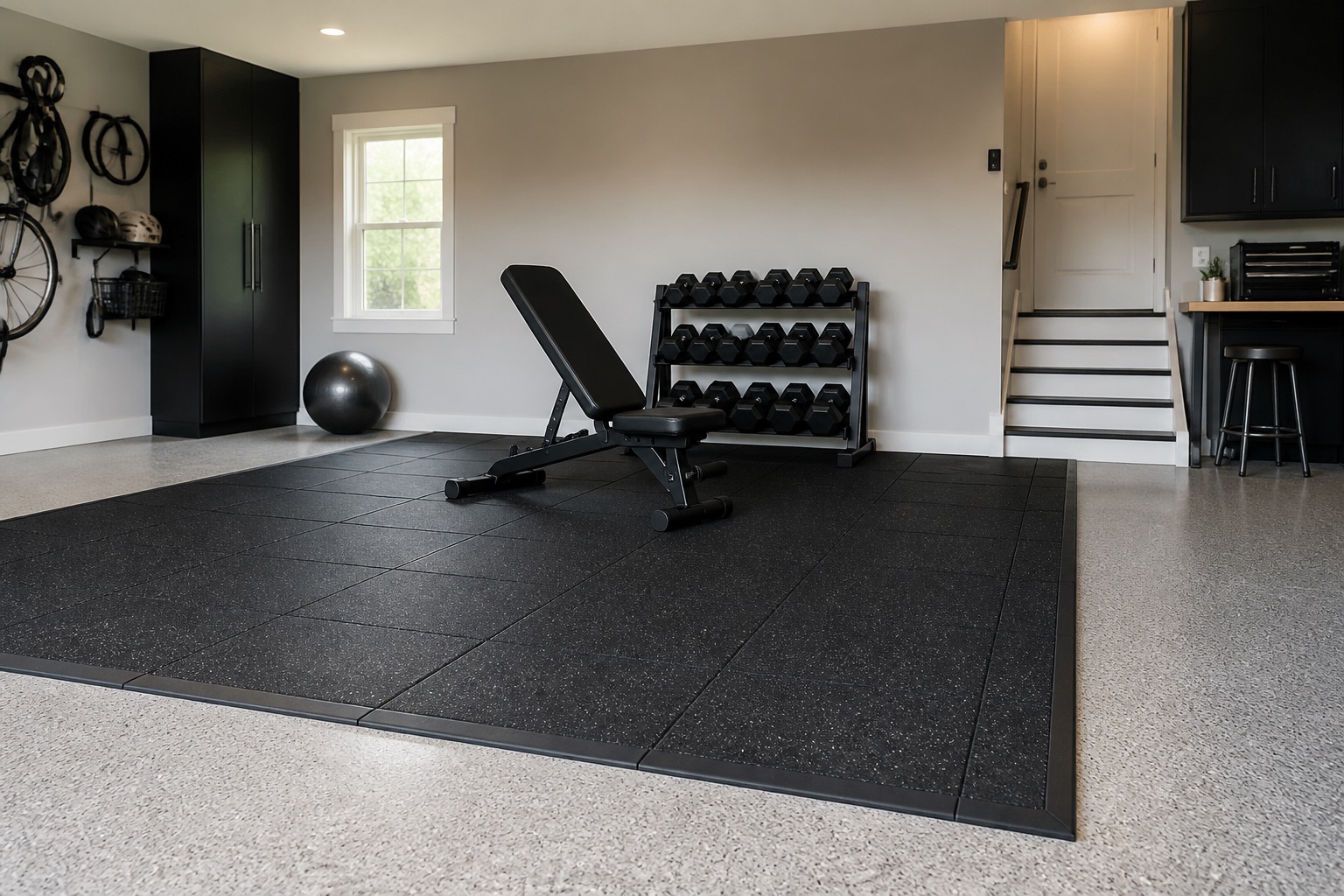 Defined interlocking rubber training-tile zone with adjustable bench and dumbbell storage inside a residential garage