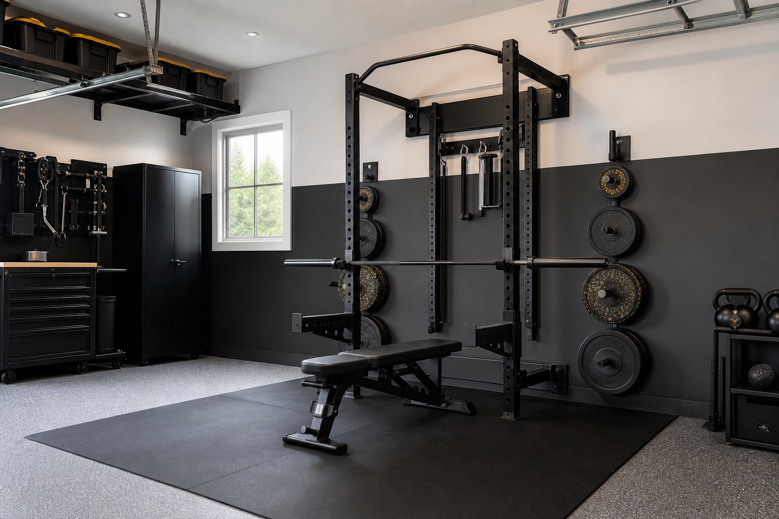 Wall-mounted strength rack with bench and organized weights in a garage training zone