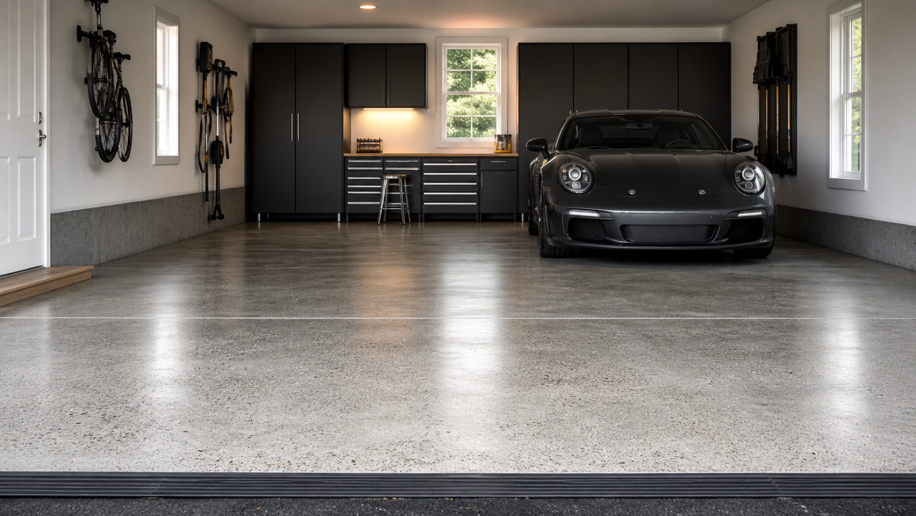 Residential Massachusetts garage with a satin polished natural concrete floor, subtle salt-and-pepper aggregate exposure, dark storage cabinetry, and one correctly parked collector car