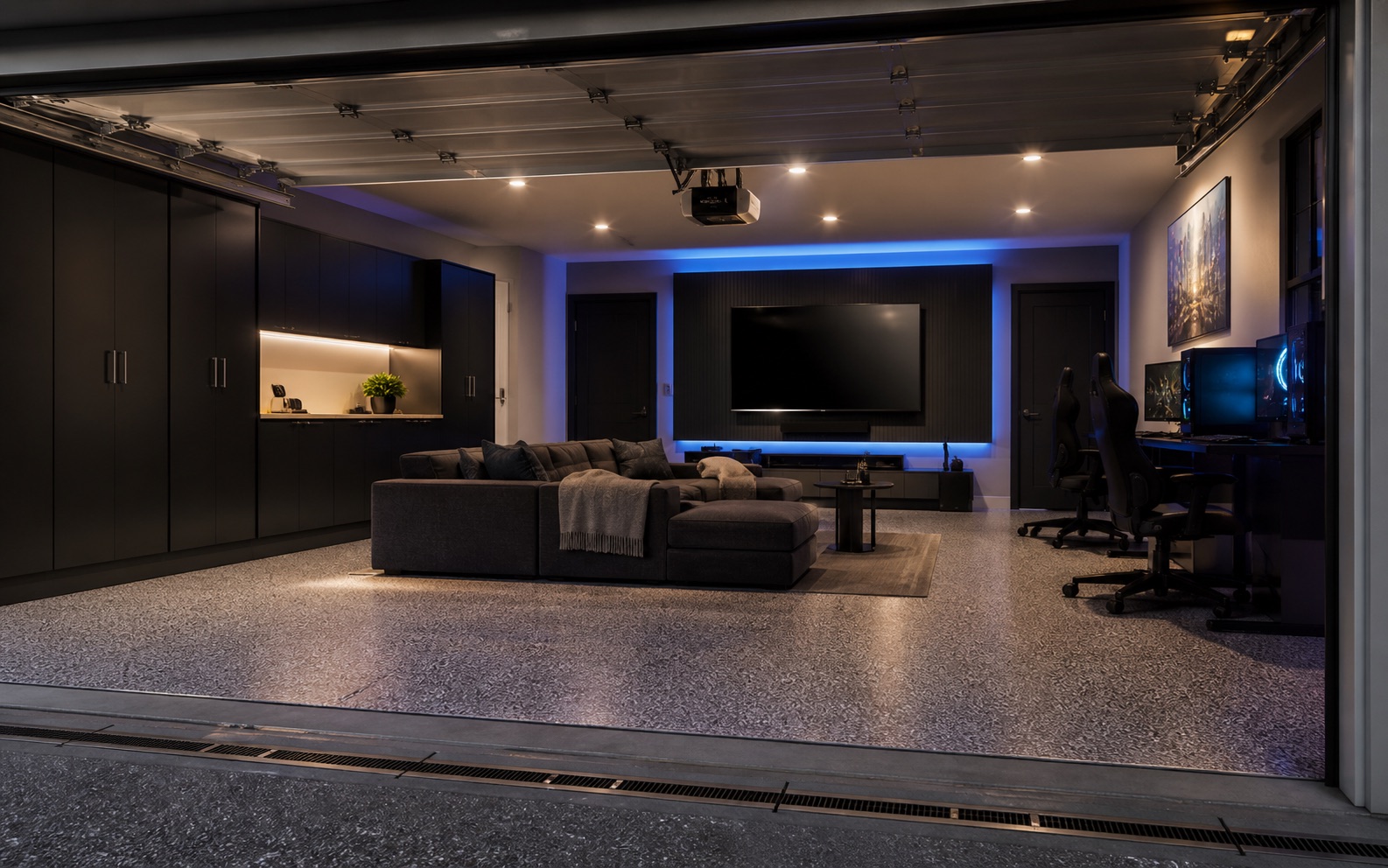Finished Massachusetts garage converted into a gaming and media room