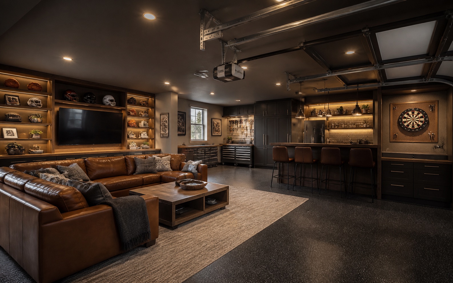 Finished garage man cave with lounge seating and media wall