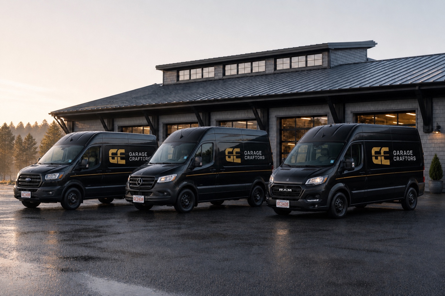 Black and gold Garage Craftors service fleet with Massachusetts commercial plates