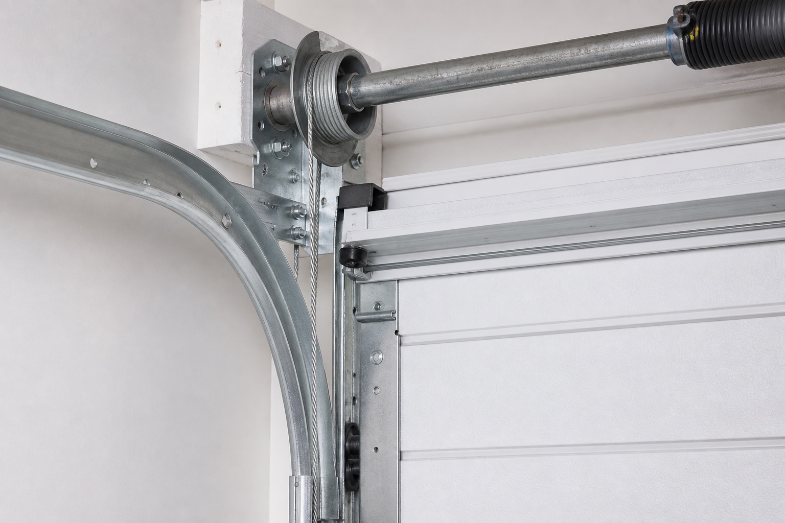 Close technical view of a grooved cable drum and descending lift cable on a sectional garage door