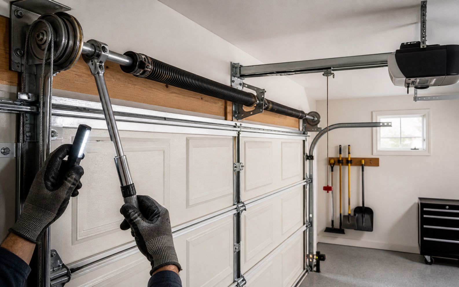 Garage door technician inspecting residential door hardware and operating components