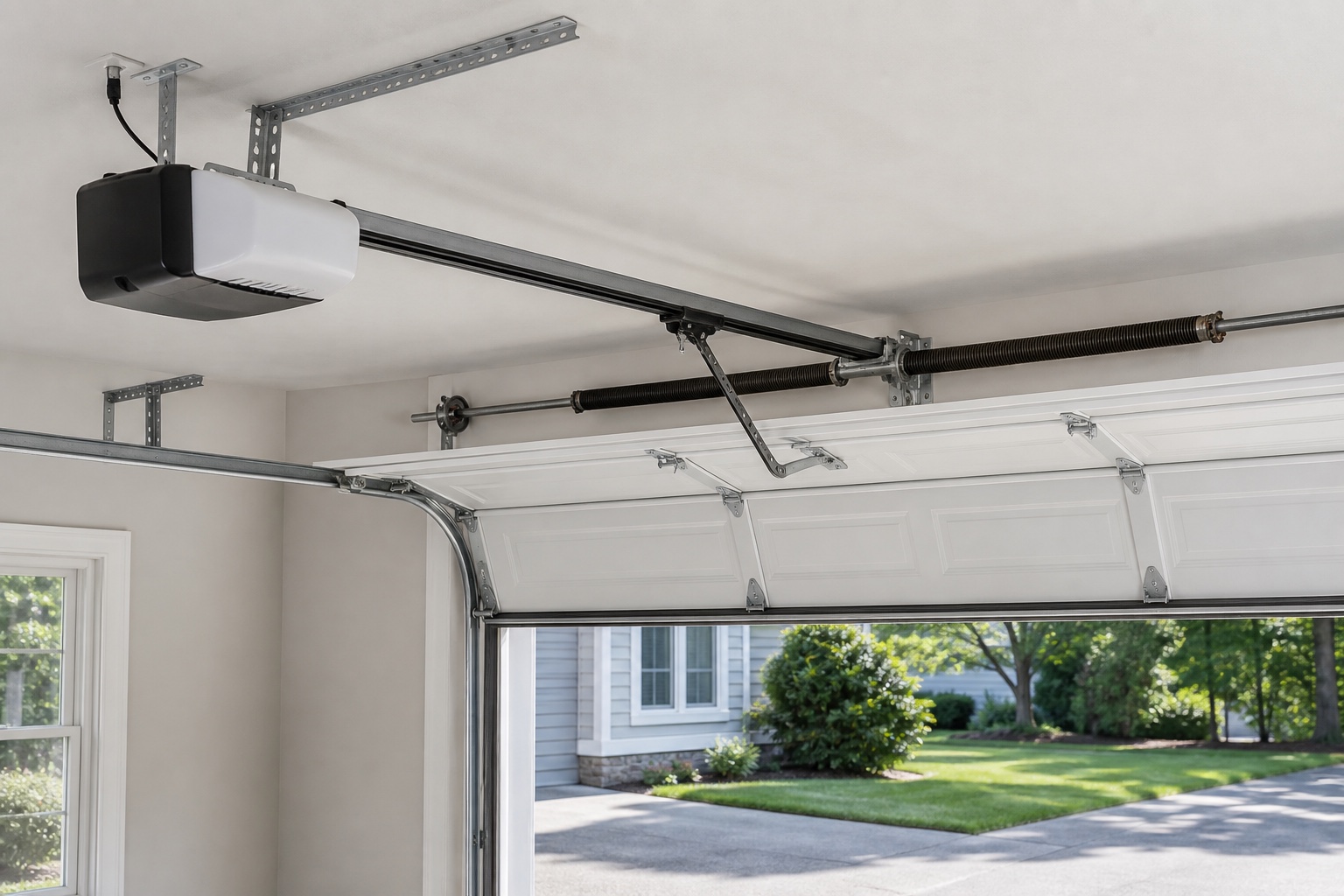 Representative centerline garage door operator with rail trolley and curved door arm visible