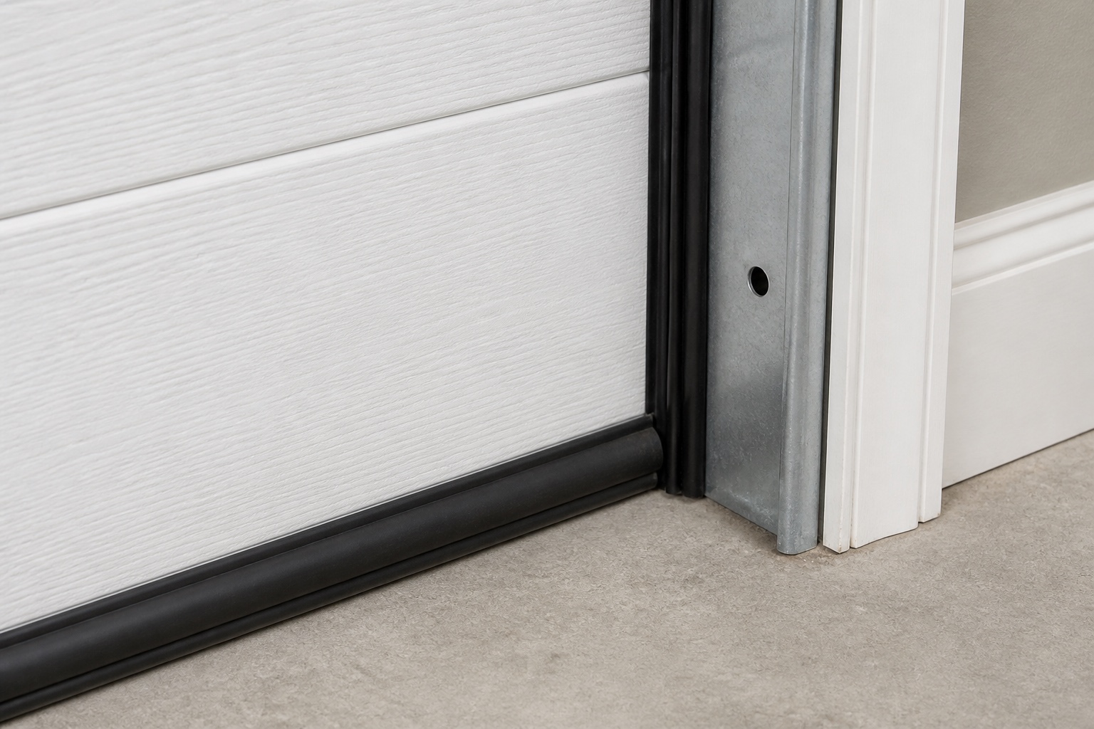 Close technical view of a sectional garage door bottom seal meeting the slab and side weatherstrip meeting the jamb