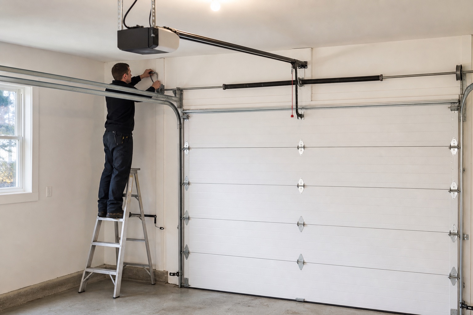 Residential garage-door technician inspecting track and operating hardware in a family garage