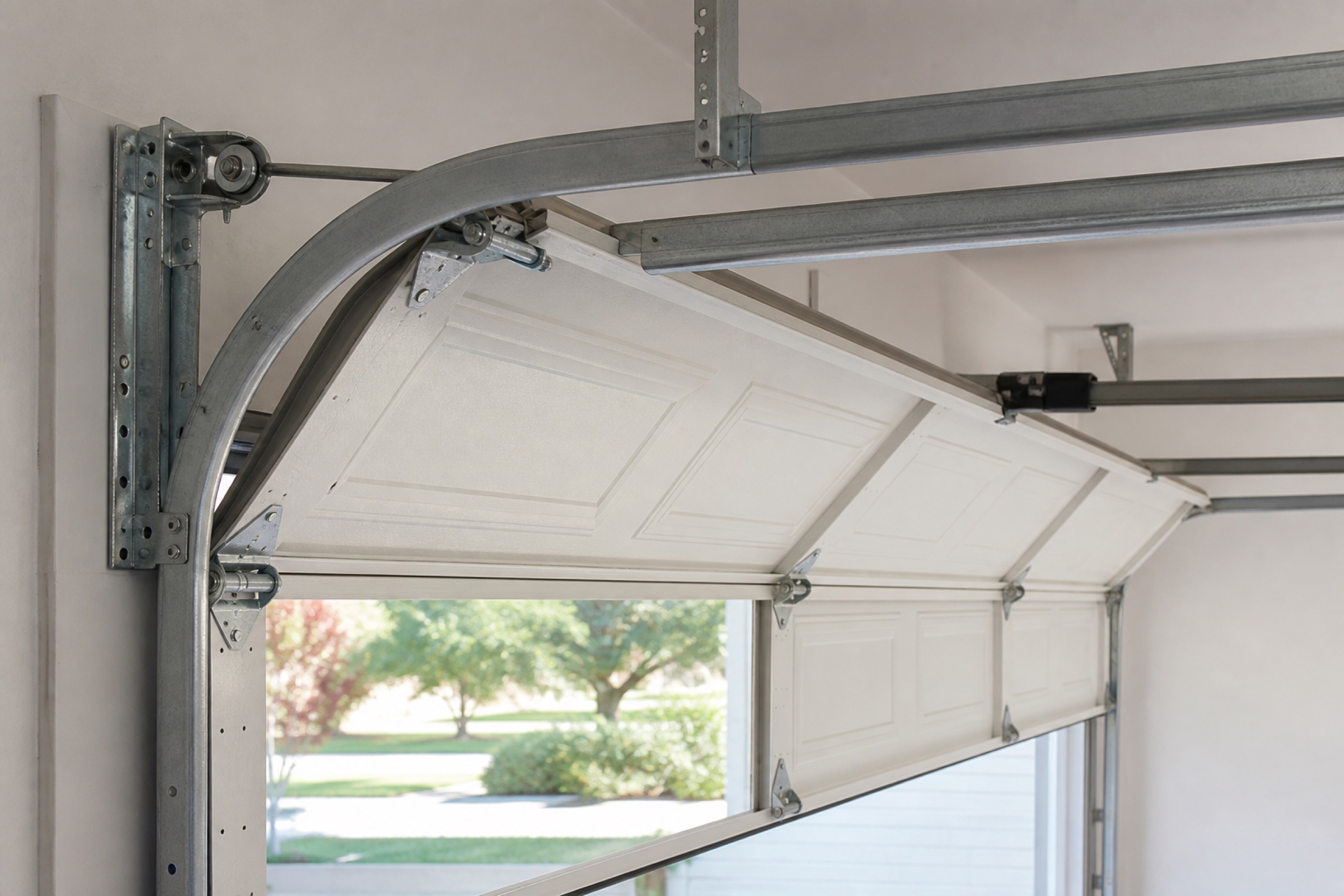White sectional garage door halfway open with rollers traveling through the curved track