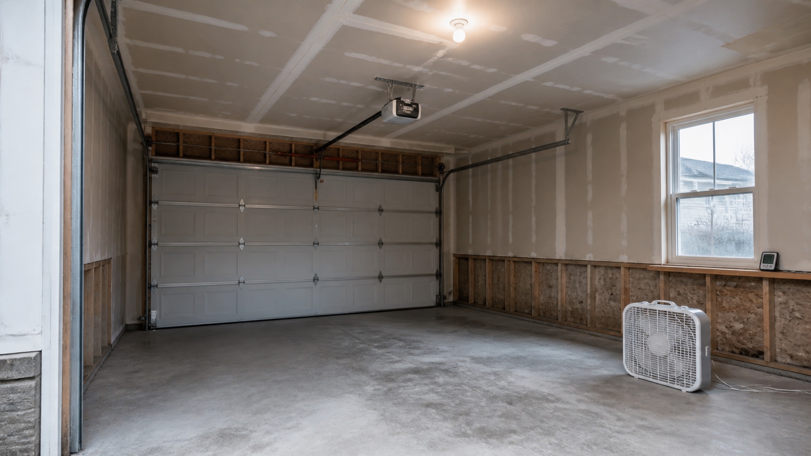 Unfinished Massachusetts garage before HVAC work with exposed lower wall cavities, bare concrete and a portable fan