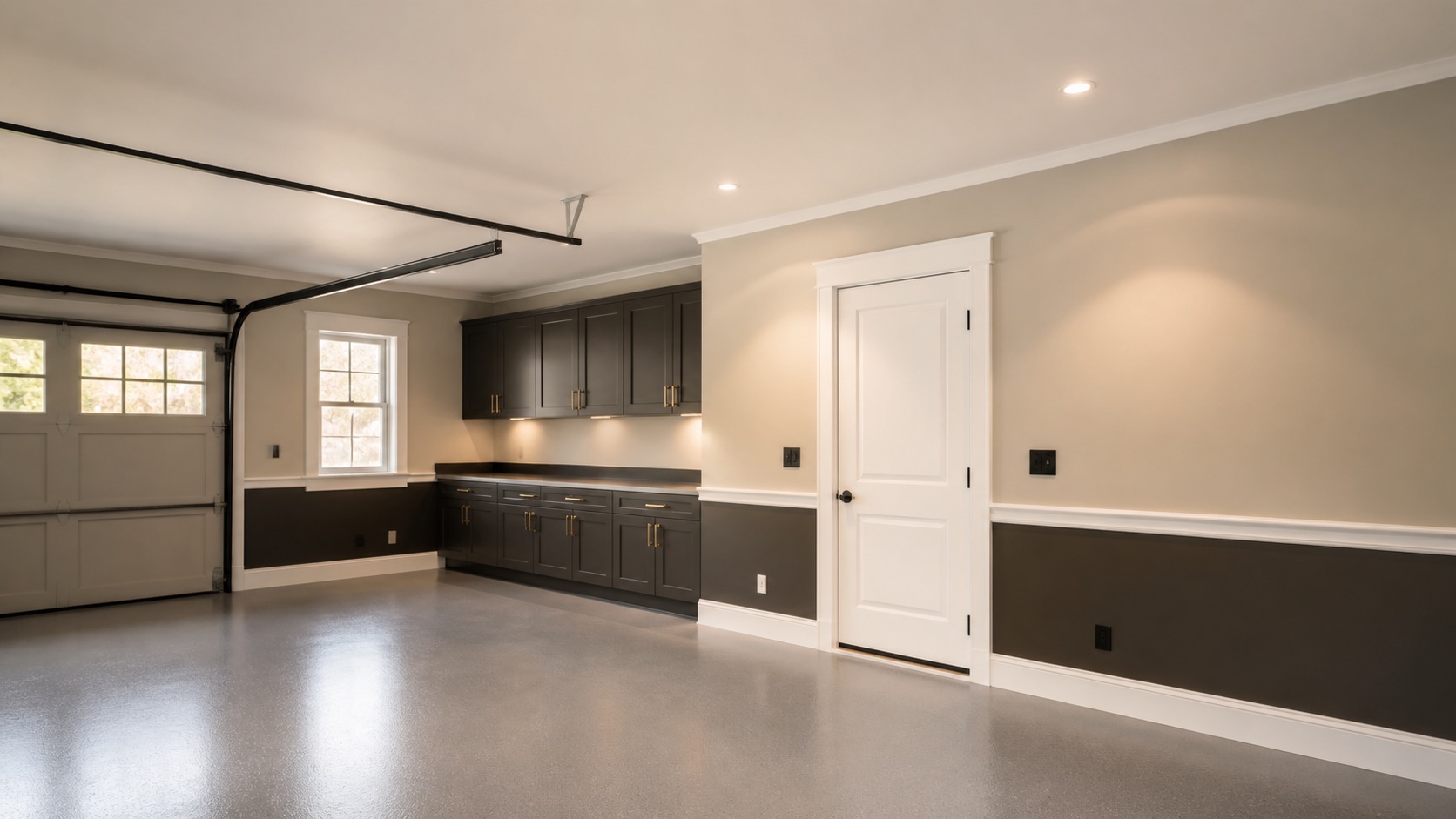 Finished garage with warm-stone walls, deep-bronze lower wall, white trim, and graphite cabinetry