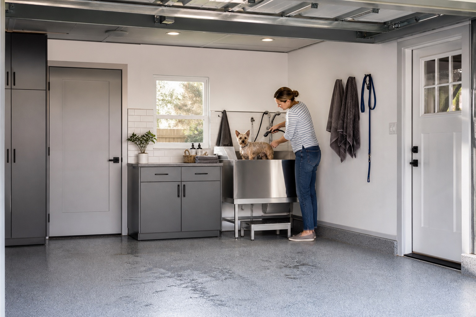 Small terrier in a compact elevated stainless pet tub inside a working one-car garage