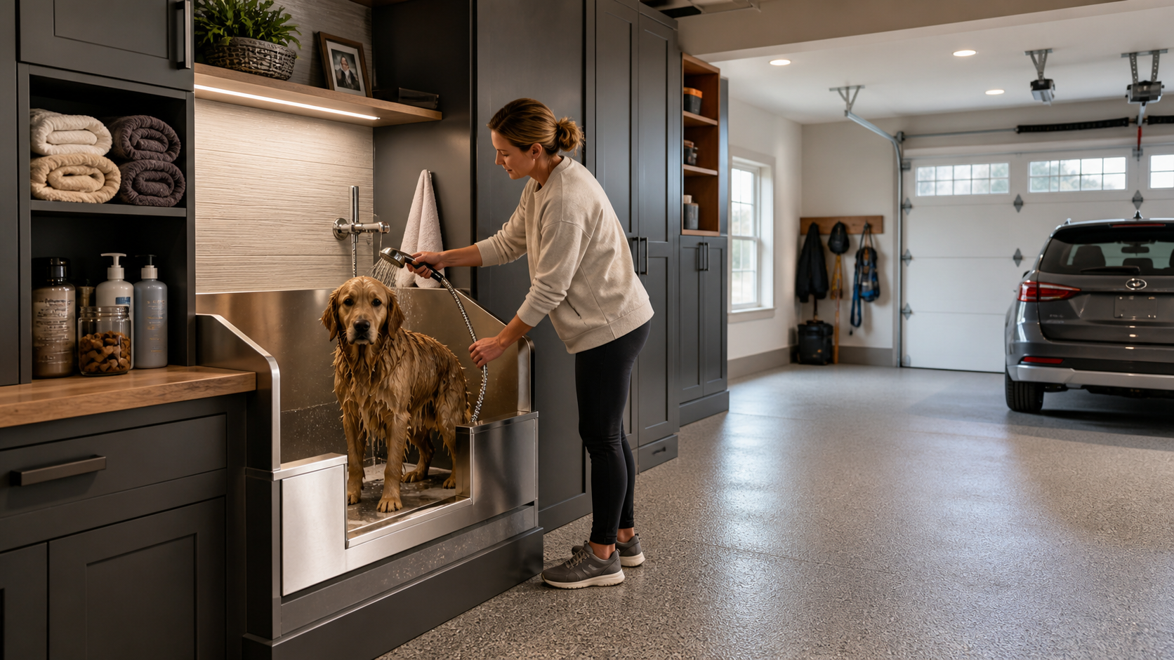 Forever Stainless Steel Step-in + Hair Catching installed in a finished garage pet-wash room