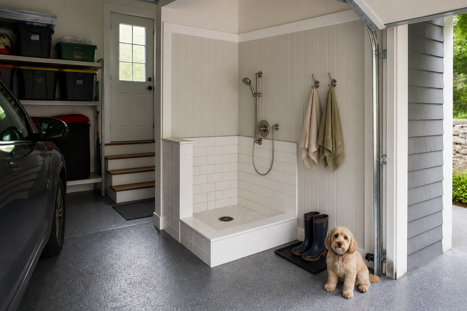 Groomer’s Best Walk-Through Tub installed in a finished garage pet-wash room