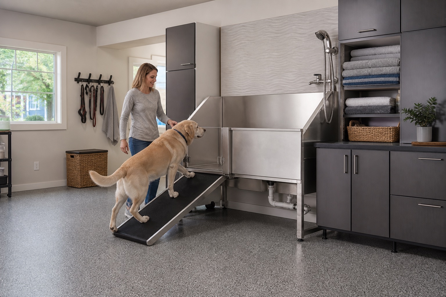 Senior Labrador using a non-slip ramp into a stainless steel pet washing tub in a finished garage