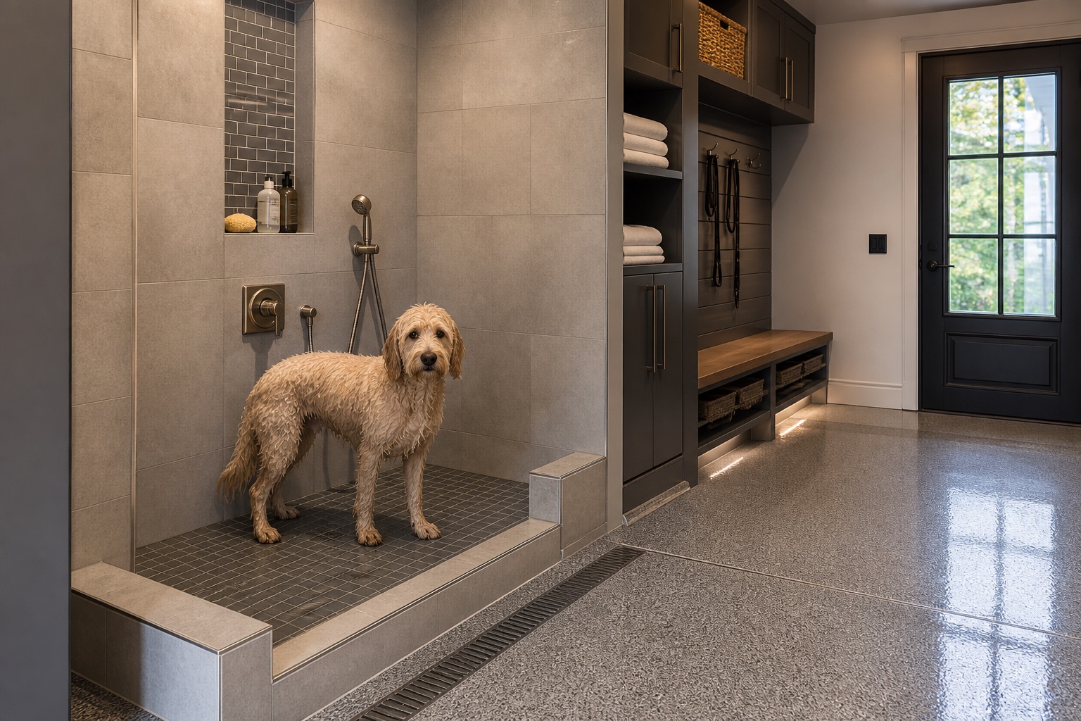 Wet dog standing in a custom tiled garage pet wash with niche, handheld spray, drainage and adjacent mudroom cabinetry