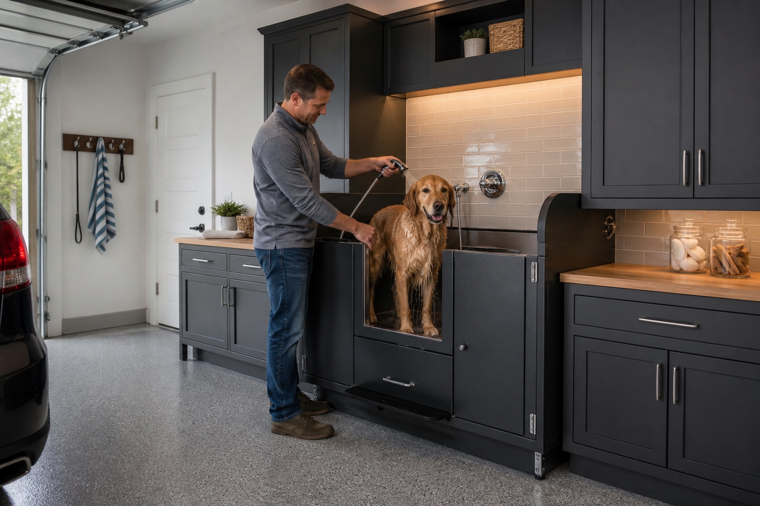 Realistic finished Massachusetts garage with an integrated powder-coated walk-in dog wash, cabinetry and coated floor