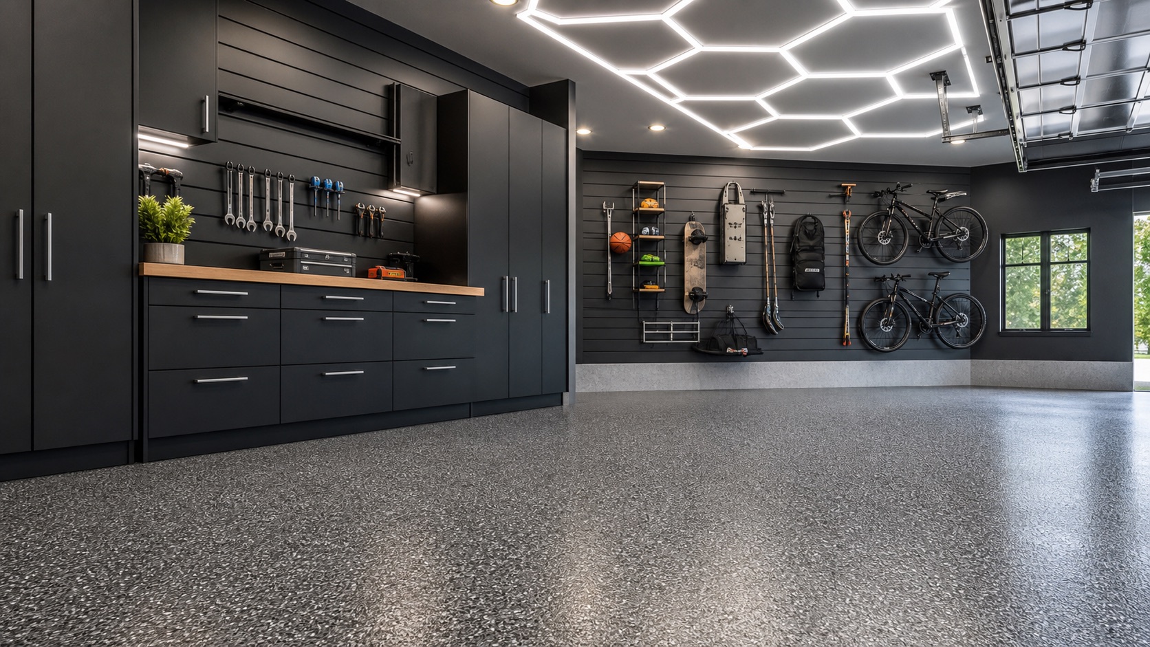 Organized garage with graphite cabinets, slatwall, bicycles, tools, clear floor space, and architectural lighting