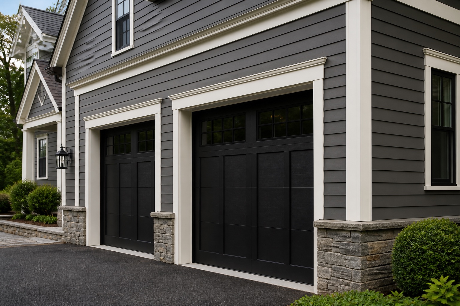 Graphite New England home with crisp warm-white trim surrounding two black residential garage doors