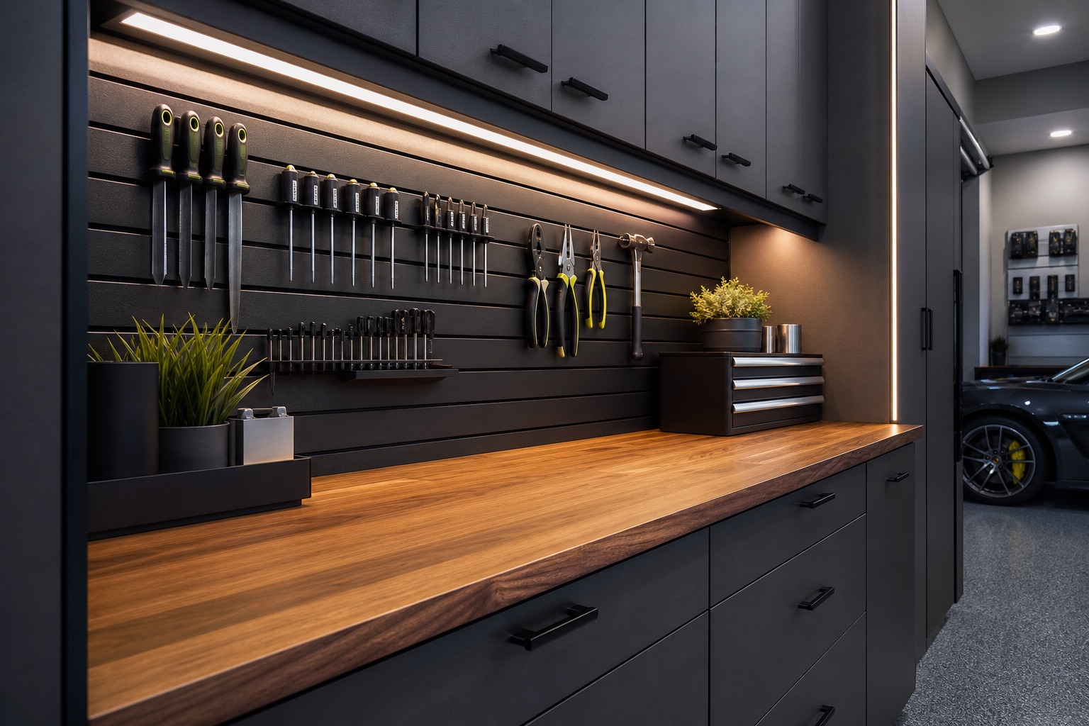 Detailed garage work zone with controlled task lighting across cabinetry, tools, and a work surface