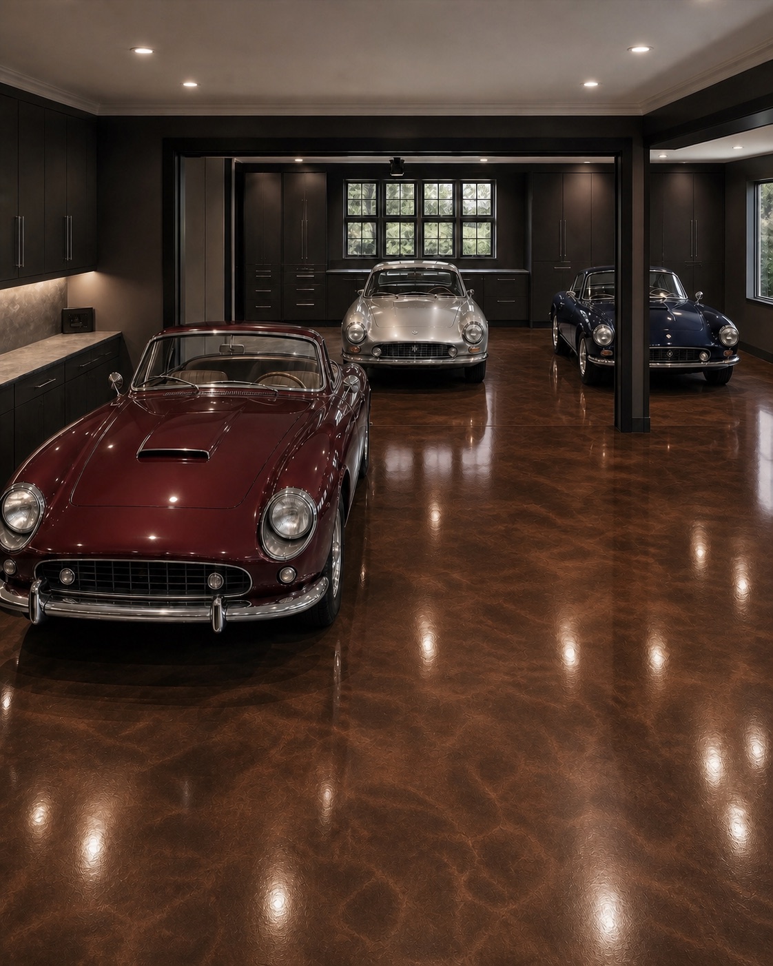 Premium garage with a copper-bronze metallic epoxy floor showing natural movement and visual depth